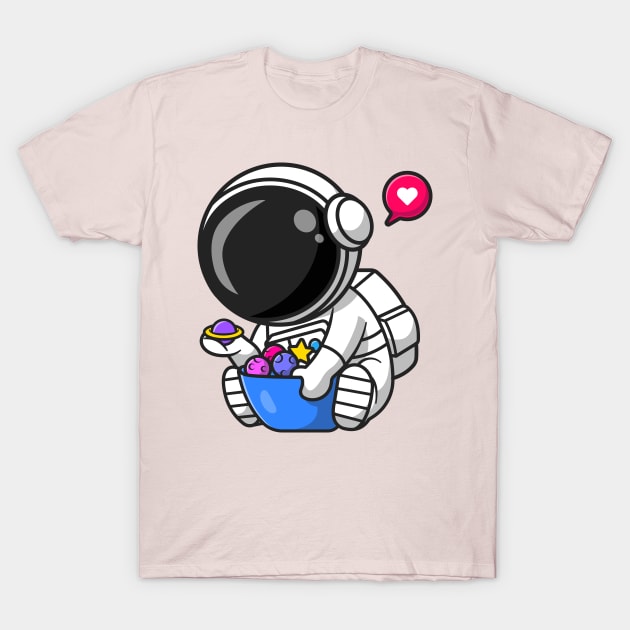 Cute Astronaut With Planet Candy Bowl Cartoon T-Shirt by Catalyst Labs